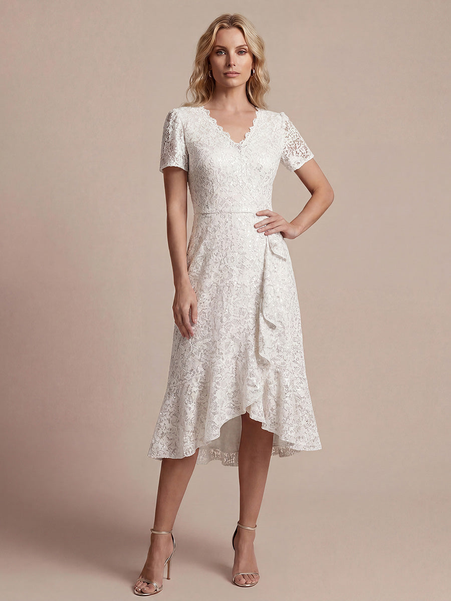 Sequin Lace High Low Wedding Guest Dress — White