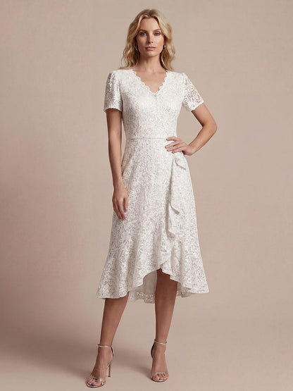Sequin Lace High Low Wedding Guest Dress — White
