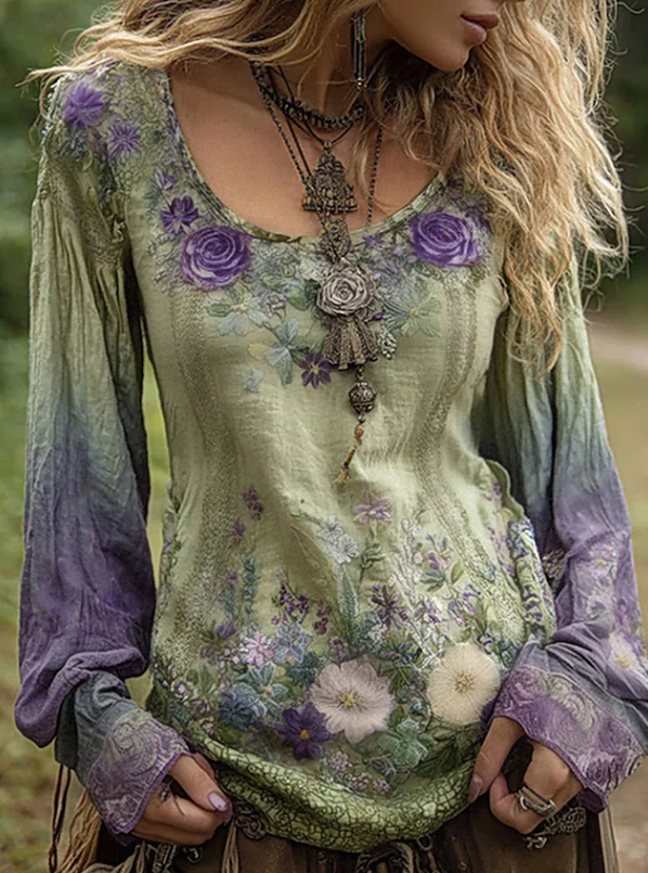 Seraphina | Boho Floral Long Sleeve Blouse — Green — Alfa Empire, view 1