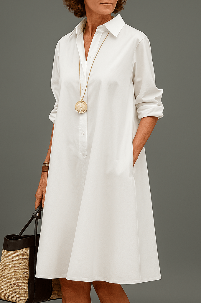Seraphina | Refined Plain Long Sleeve Dress — White — Alfa Empire, view 1
