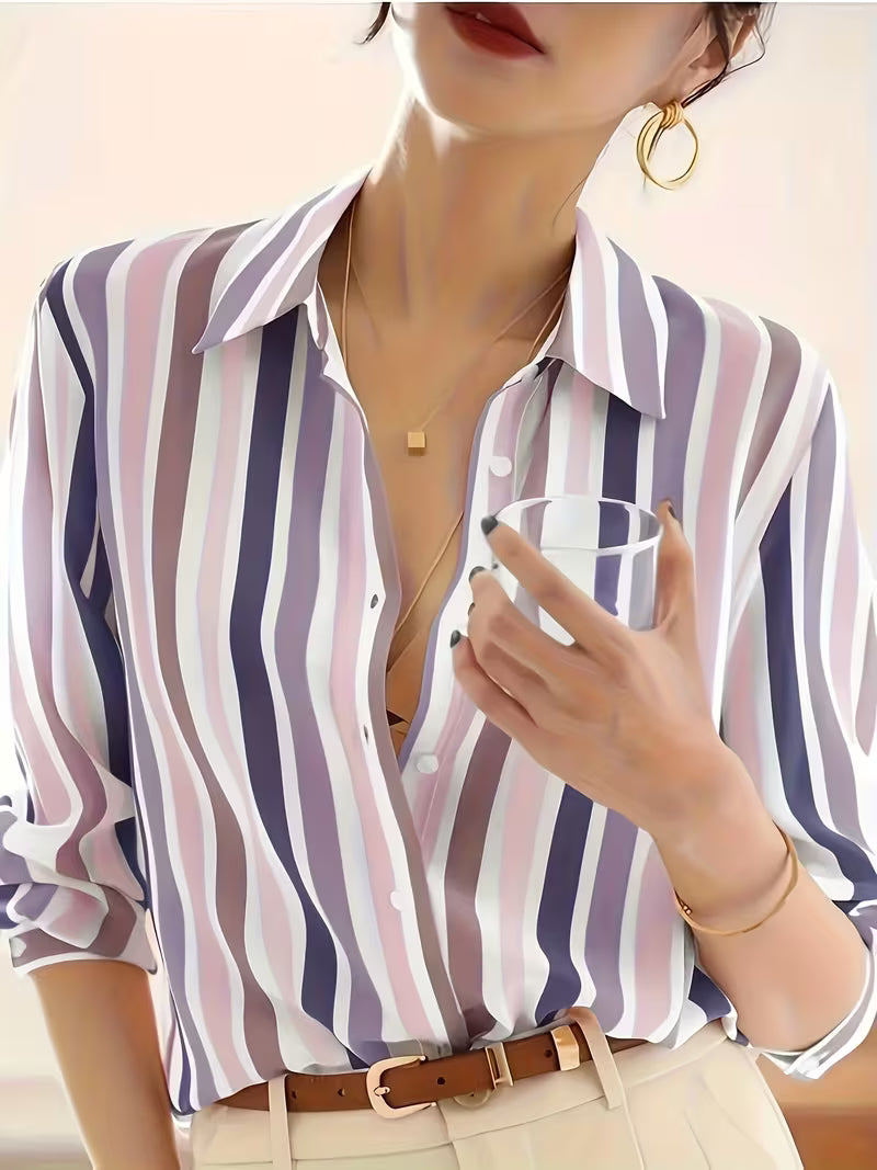 Serena | Striped Button-Up Shirt — Purple — Alfa Empire, view 1