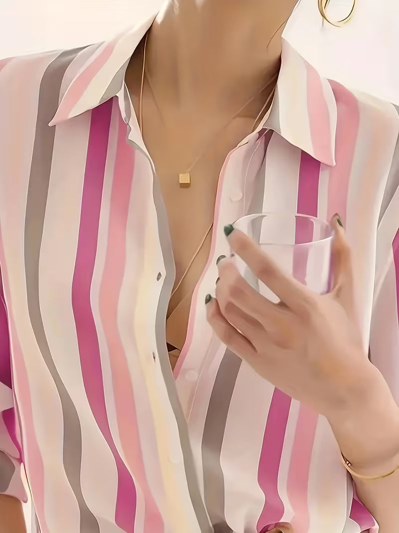 Serena | Striped Button-Up Shirt — Pink — Alfa Empire, view 2