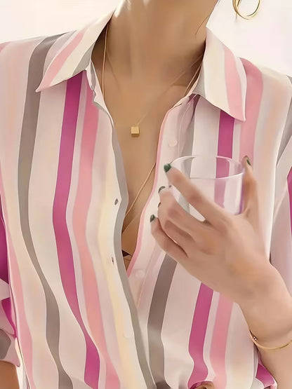 Serena | Striped Button-Up Shirt — Pink — Alfa Empire, view 2