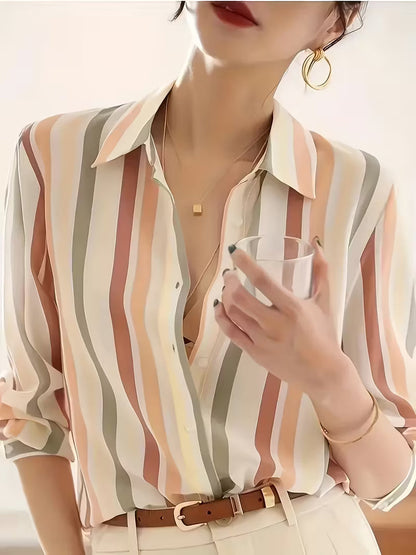 Serena | Striped Button-Up Shirt — Brown — Alfa Empire, view 3