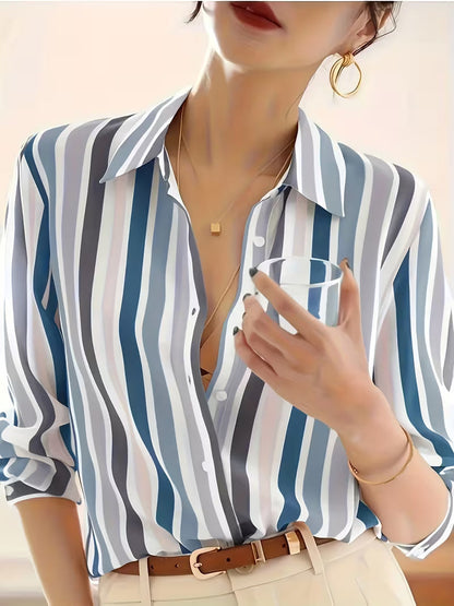 Serena | Striped Button-Up Shirt — Blue — Alfa Empire, view 4