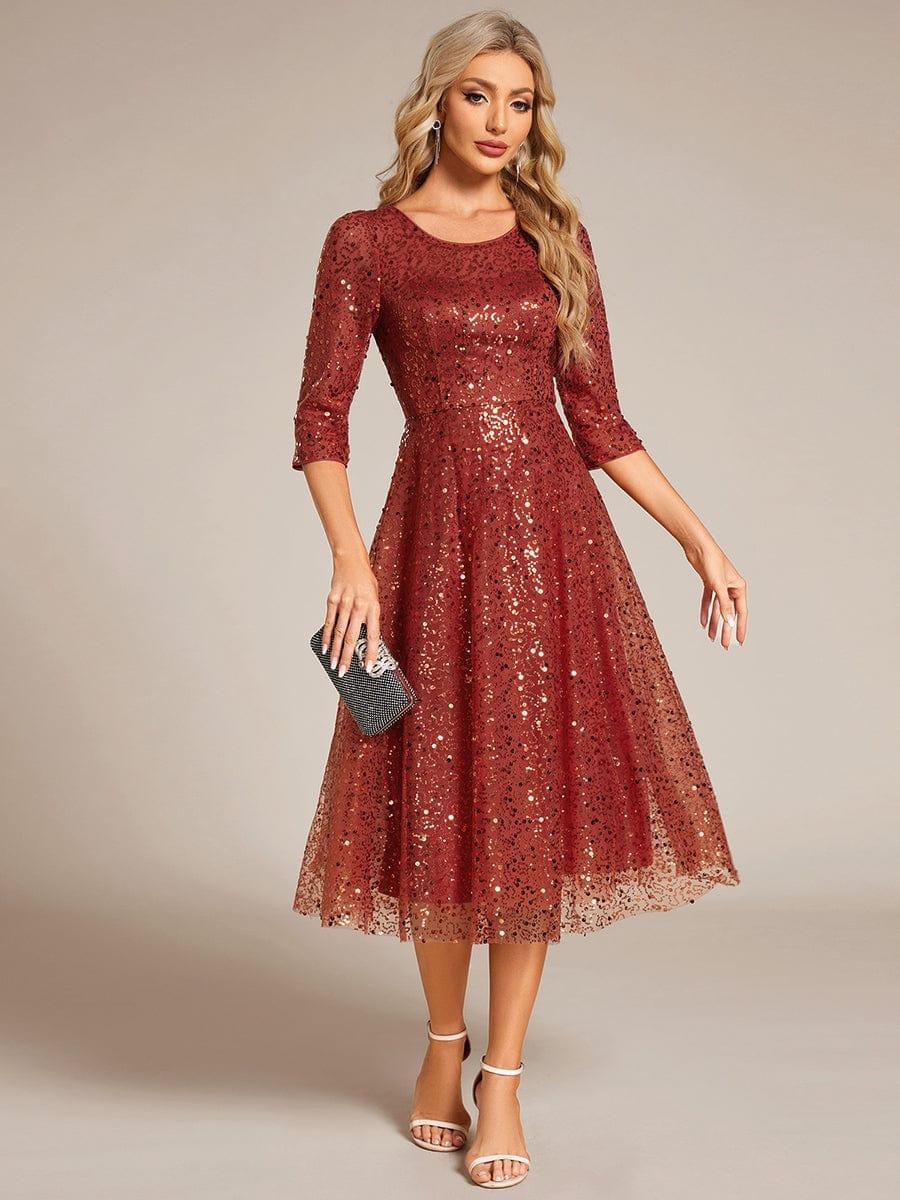 Sequin 3/4 Sleeve Sparkly Round Neck Midi Wedding Guest Dress — Burnt Orange