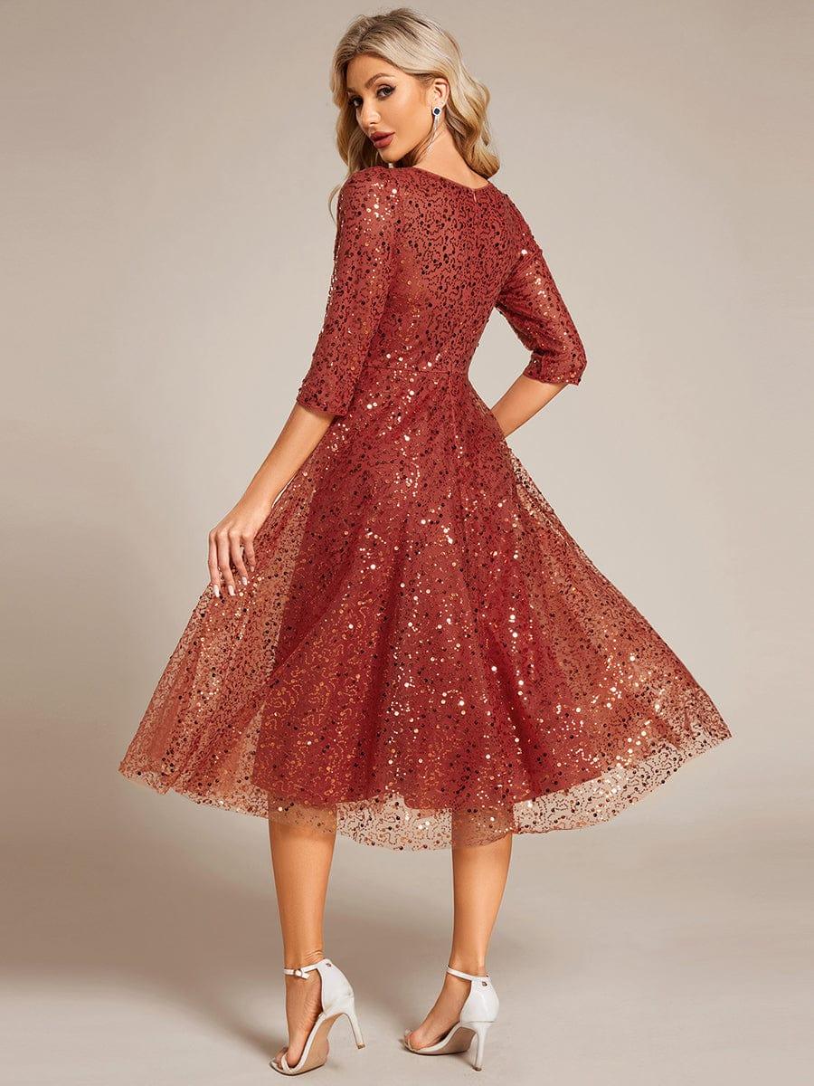 Sequin 3/4 Sleeve Sparkly Round Neck Midi Wedding Guest Dress