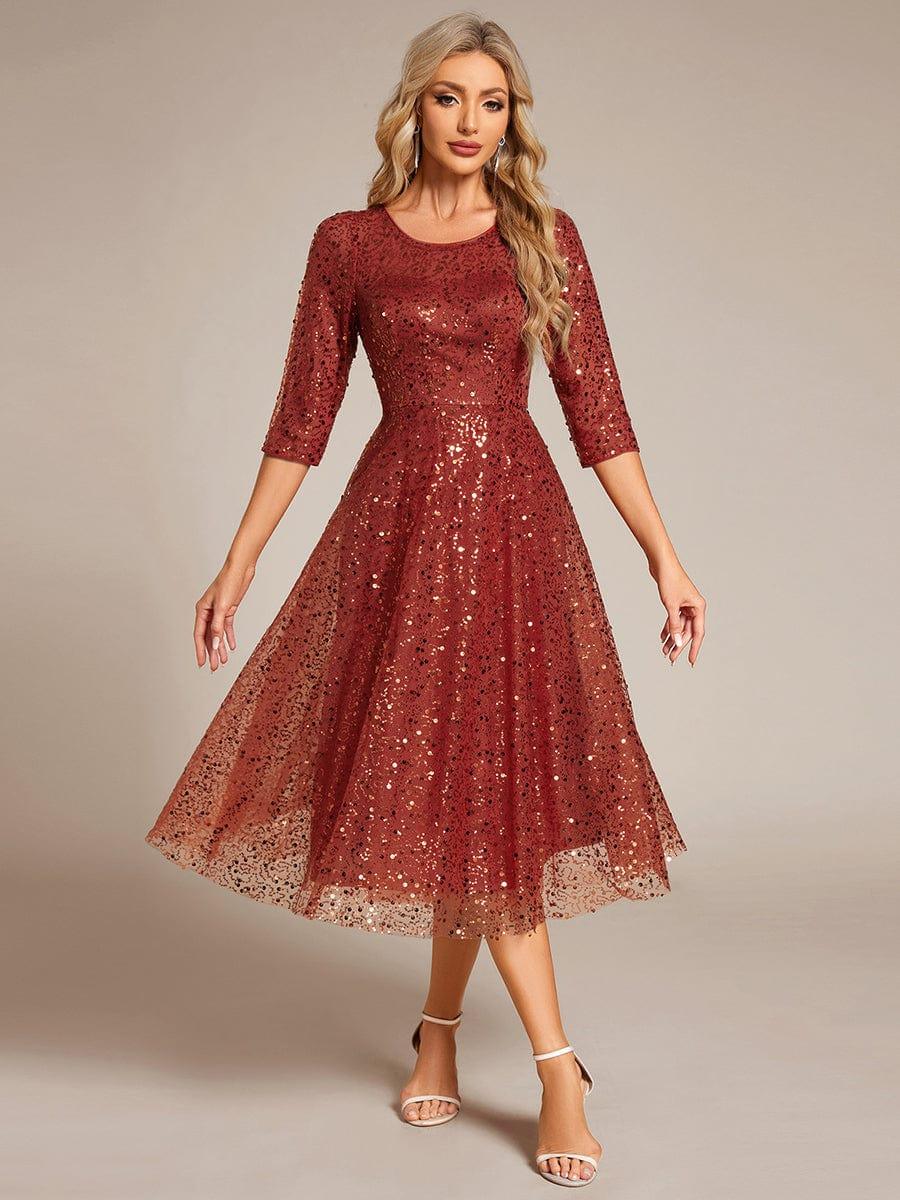 Sequin 3/4 Sleeve Sparkly Round Neck Midi Wedding Guest Dress