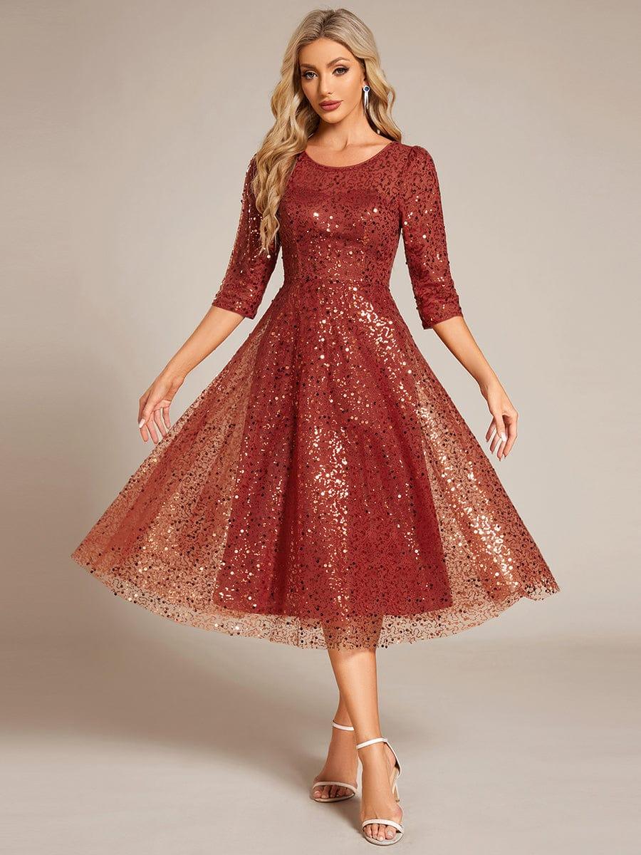 Sequin 3/4 Sleeve Sparkly Round Neck Midi Wedding Guest Dress