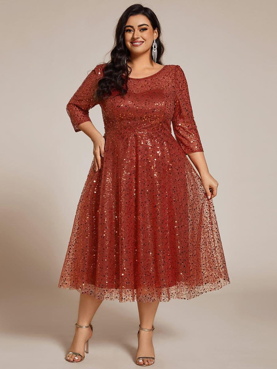 Sequin 3/4 Sleeve Sparkly Round Neck Midi Wedding Guest Dress