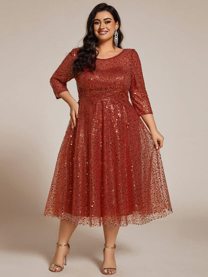 Sequin 3/4 Sleeve Sparkly Round Neck Midi Wedding Guest Dress