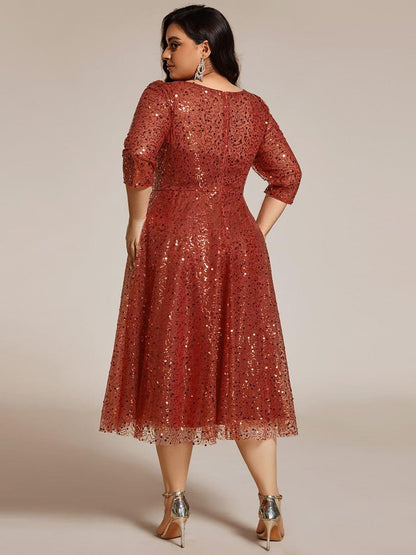Sequin 3/4 Sleeve Sparkly Round Neck Midi Wedding Guest Dress