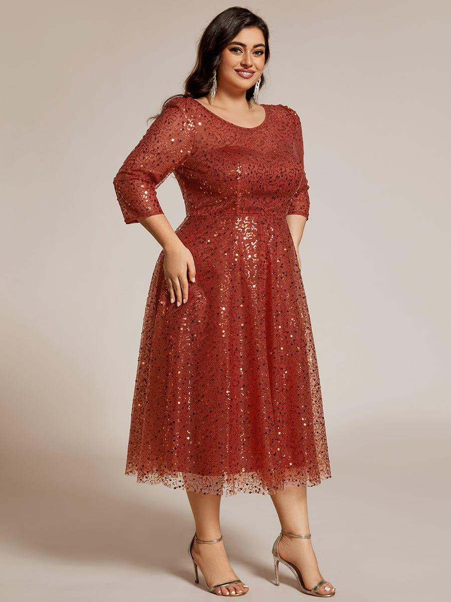 Sequin 3/4 Sleeve Sparkly Round Neck Midi Wedding Guest Dress