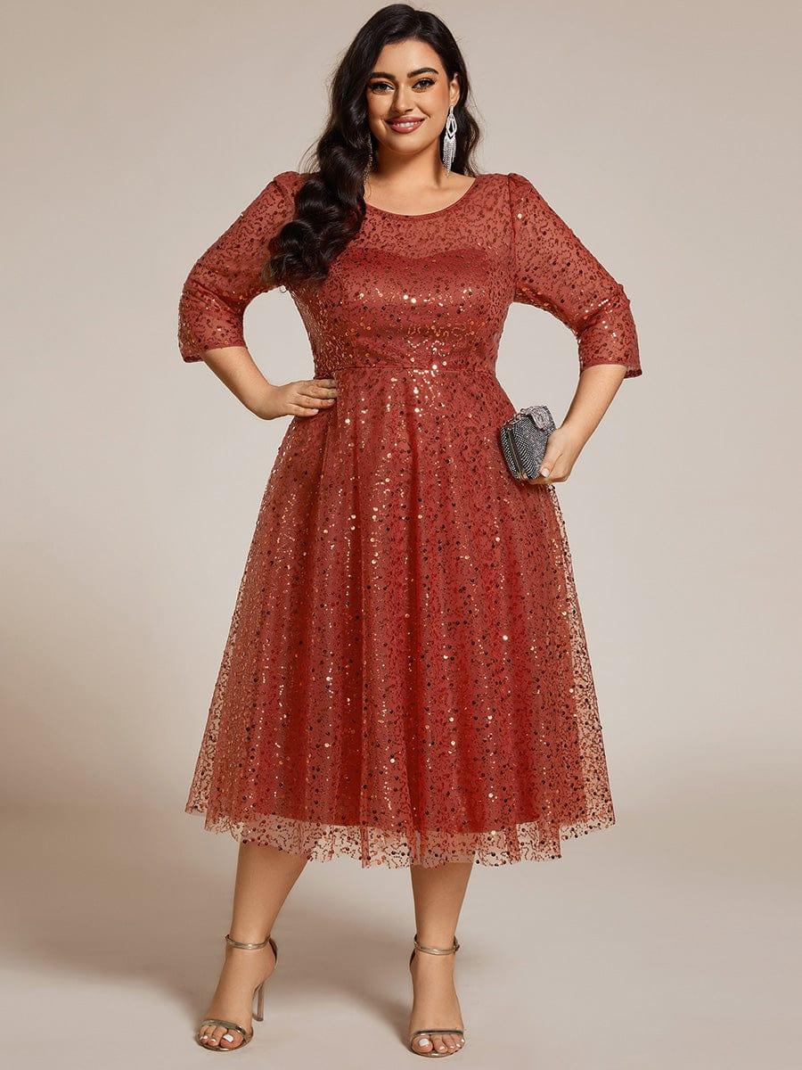 Sequin 3/4 Sleeve Sparkly Round Neck Midi Wedding Guest Dress