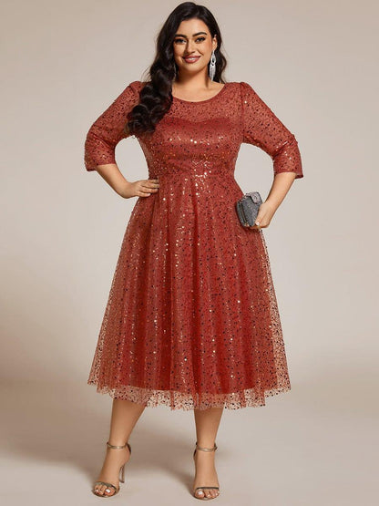 Sequin 3/4 Sleeve Sparkly Round Neck Midi Wedding Guest Dress