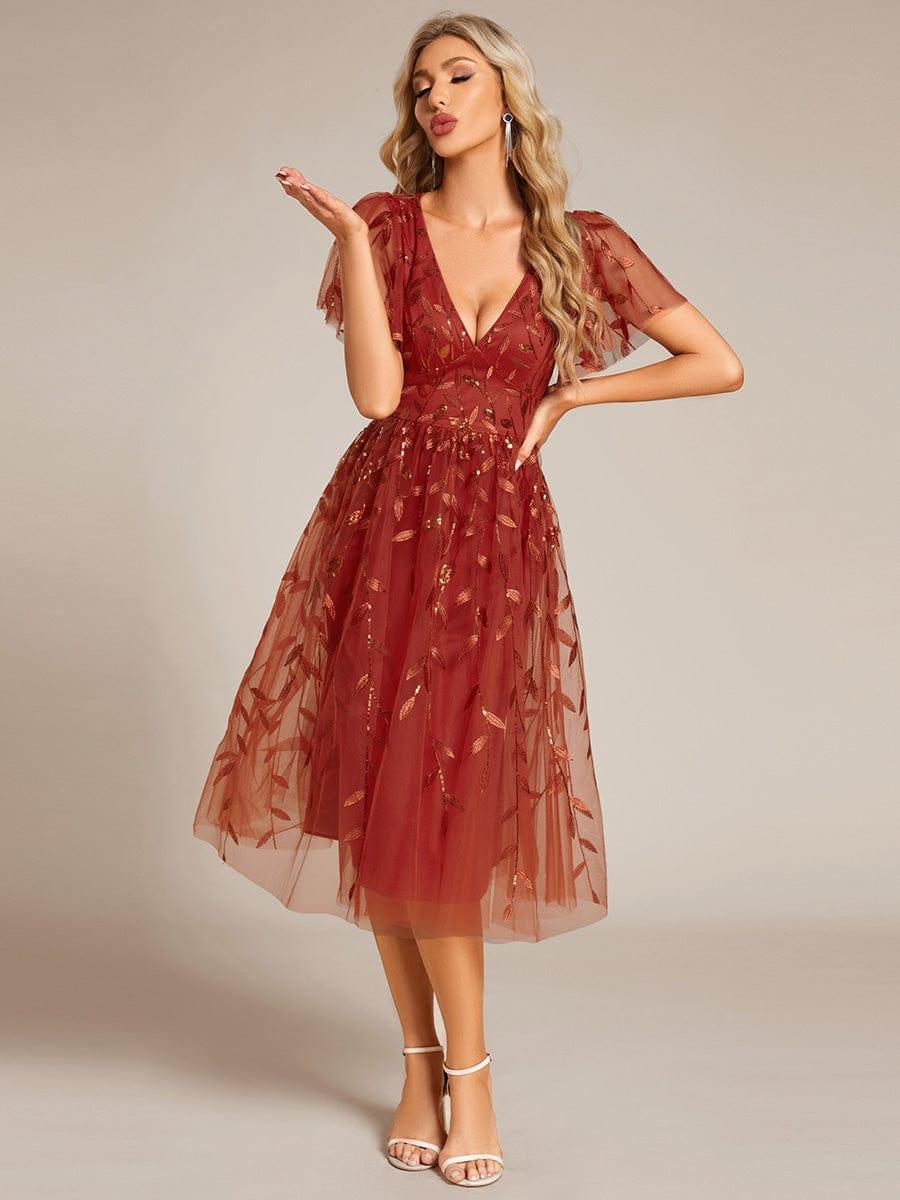 Sequin Short Sleeve Leaf A-Line Midi Formal Wedding Guest Dress — Burnt Orange