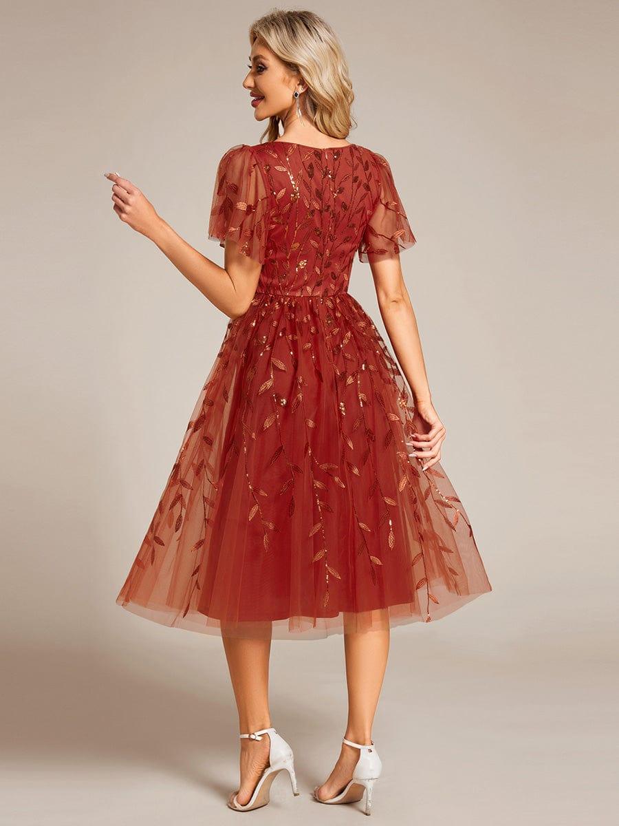 Sequin Short Sleeve Leaf A-Line Midi Formal Wedding Guest Dress