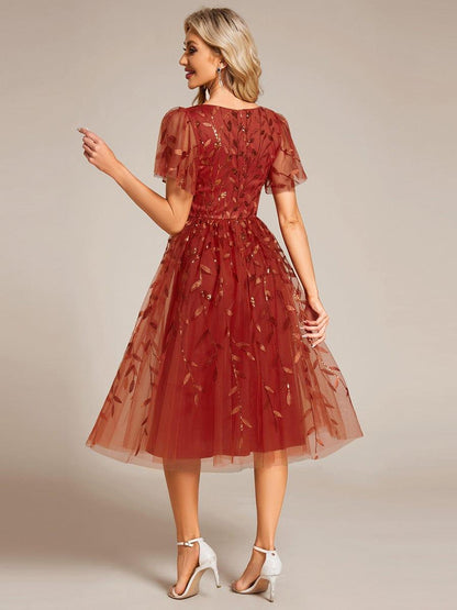Sequin Short Sleeve Leaf A-Line Midi Formal Wedding Guest Dress