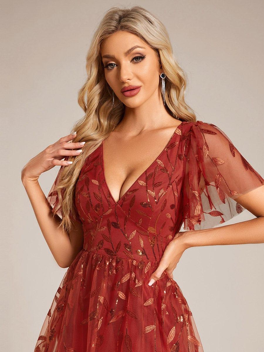 Sequin Short Sleeve Leaf A-Line Midi Formal Wedding Guest Dress