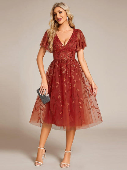 Sequin Short Sleeve Leaf A-Line Midi Formal Wedding Guest Dress