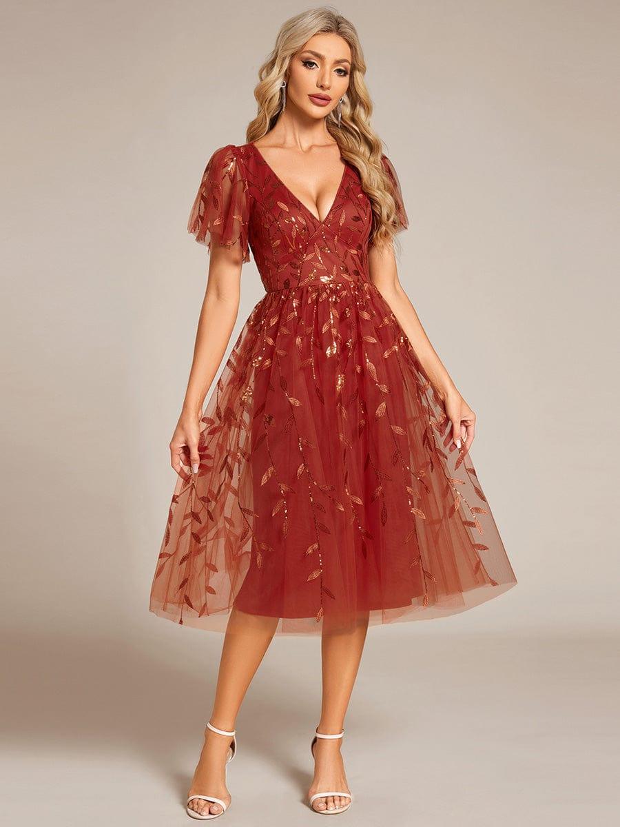 Sequin Short Sleeve Leaf A-Line Midi Formal Wedding Guest Dress