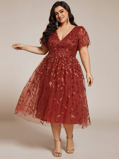 Sequin Short Sleeve Leaf A-Line Midi Formal Wedding Guest Dress