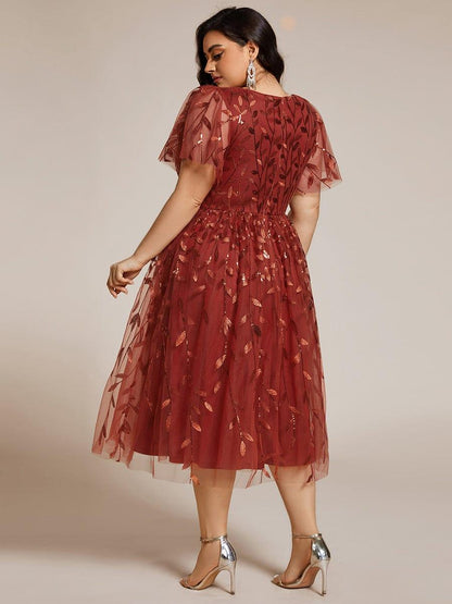 Sequin Short Sleeve Leaf A-Line Midi Formal Wedding Guest Dress