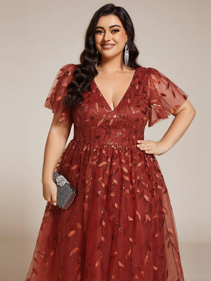Sequin Short Sleeve Leaf A-Line Midi Formal Wedding Guest Dress