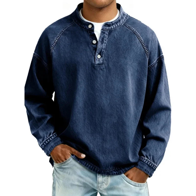 Stanley | Vintage Button Long Sleeve Shirt — Dark Blue — Alfa Empire, view 3