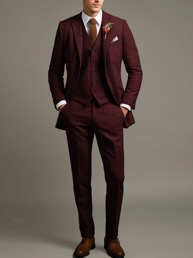 Stefan | Solid Colored 3 Piece Retro Tailored Suit — Red — Alfa Empire, view 1