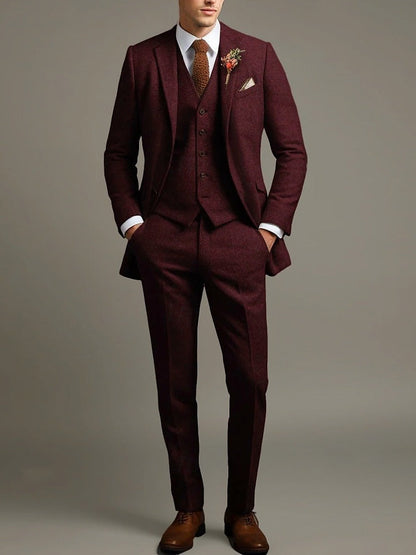 Stefan | Solid Colored 3 Piece Retro Tailored Suit — Red — Alfa Empire, view 1