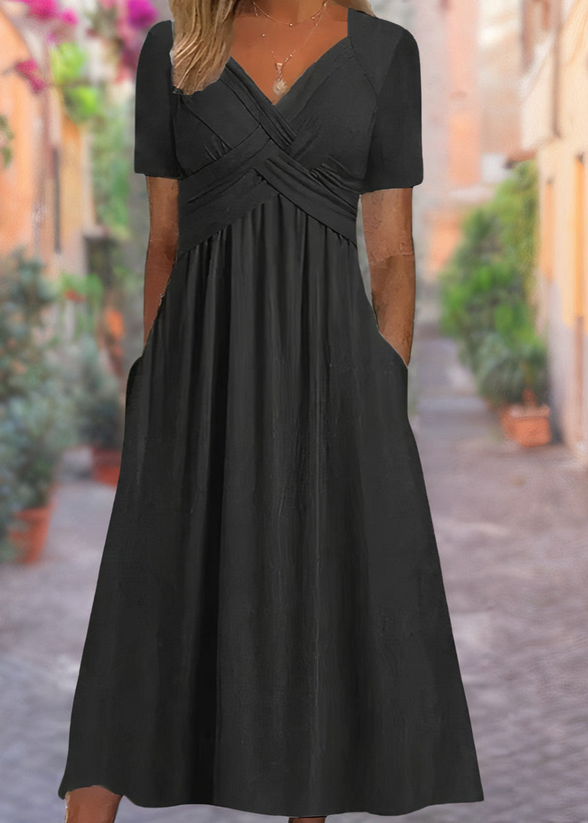 Sylvia | V-Neck Tummy-Covering Dress — Black — Alfa Empire, view 1
