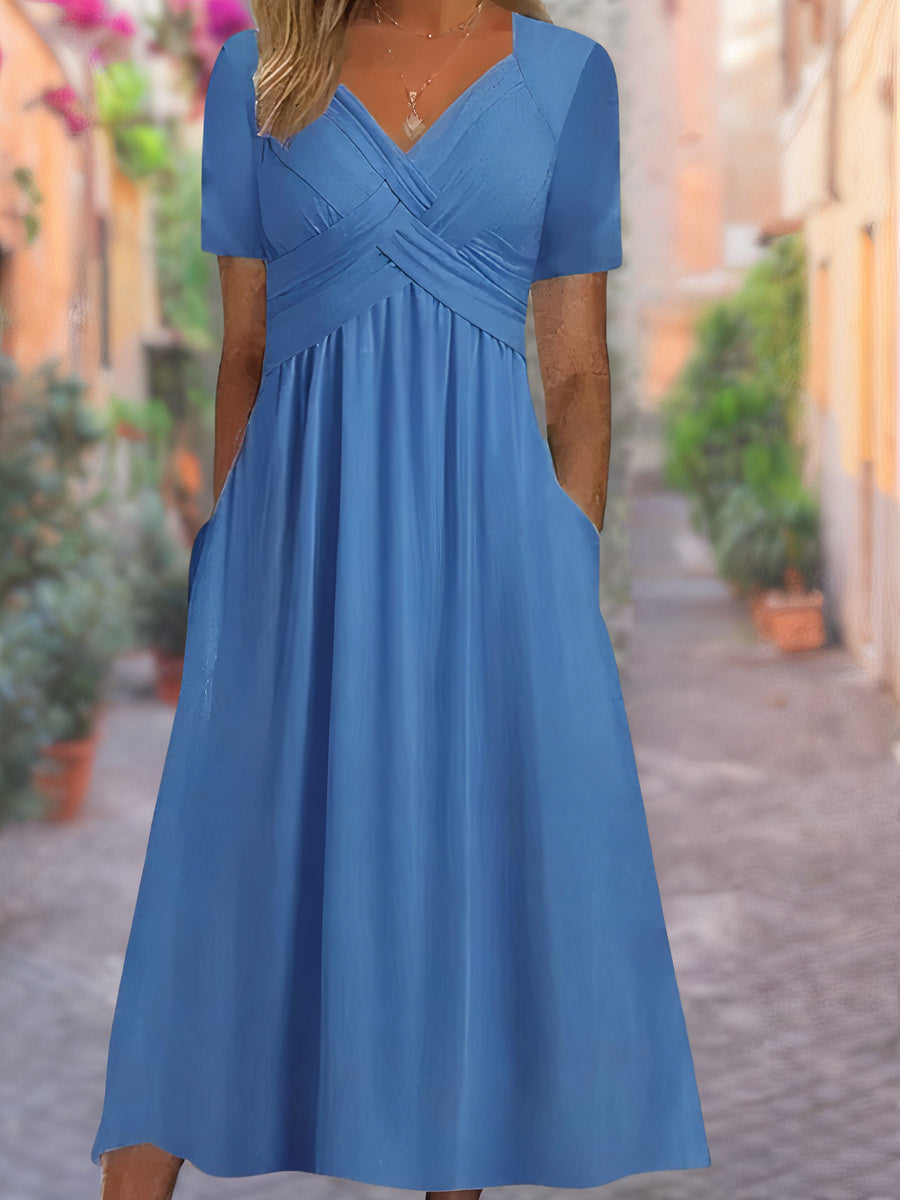 Sylvia | V-Neck Tummy-Covering Dress — Blue — Alfa Empire, view 2