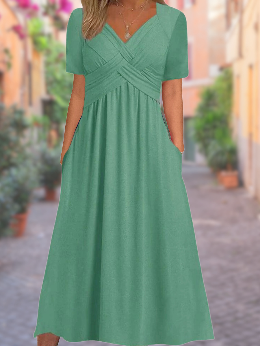 Sylvia | V-Neck Tummy-Covering Dress — Green — Alfa Empire, view 3