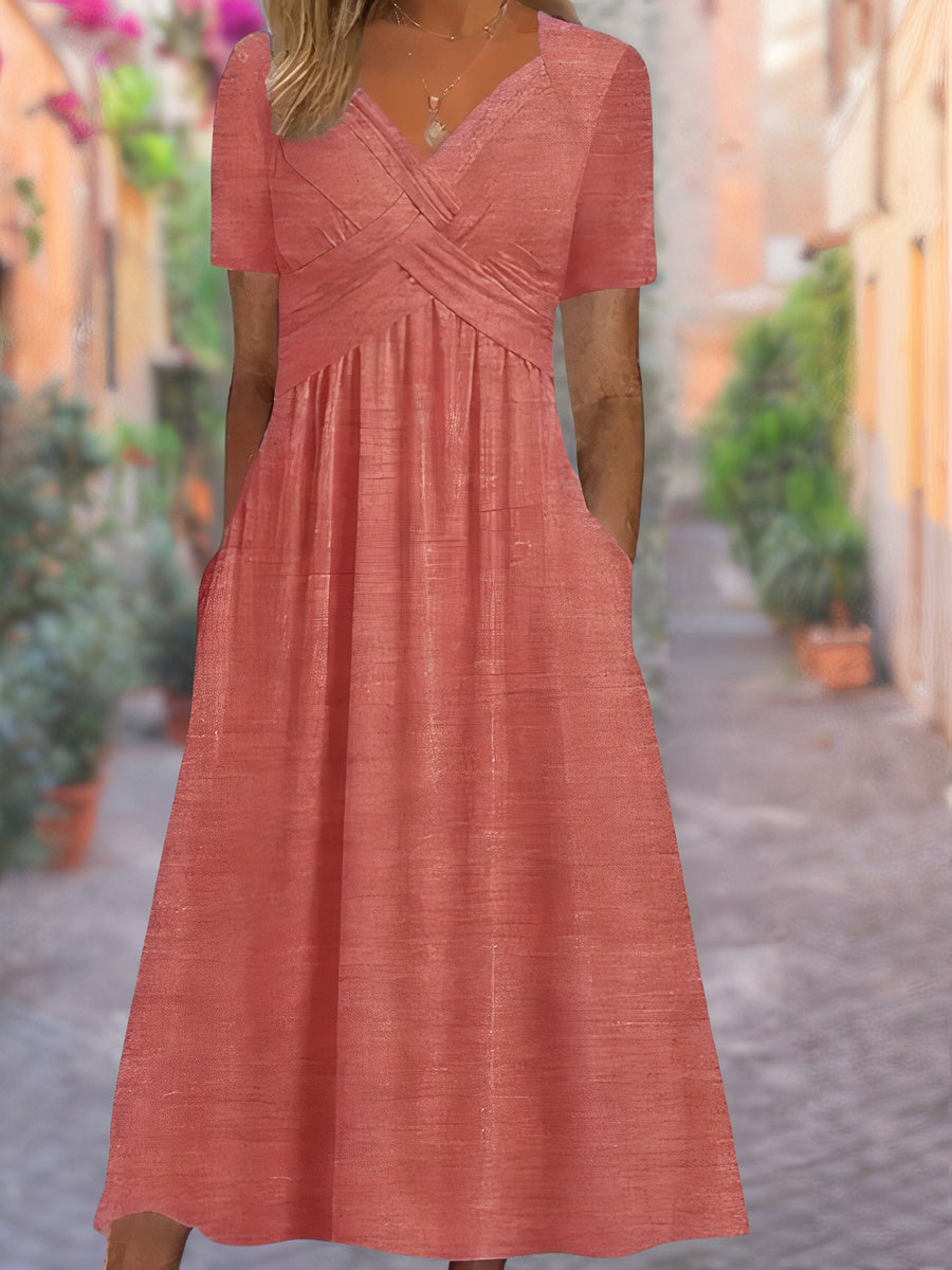 Sylvia | V-Neck Tummy-Covering Dress — Pink — Alfa Empire, view 4