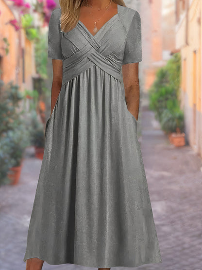 Sylvia | V-Neck Tummy-Covering Dress — Gray — Alfa Empire, view 5
