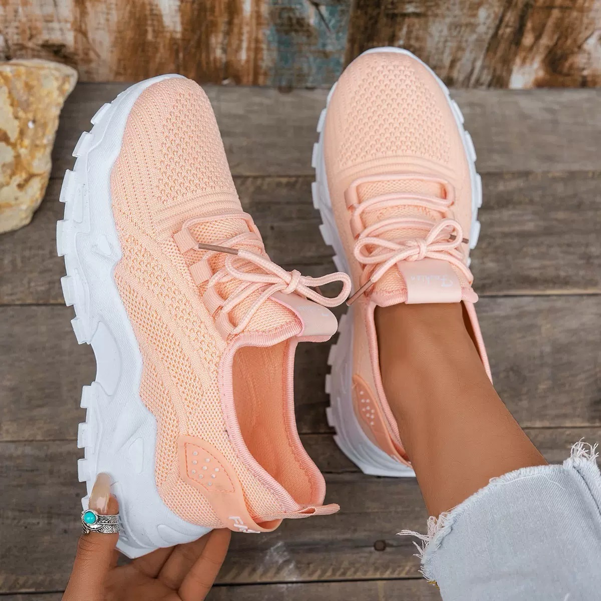 Tania | Chunky Lace-Up Sneakers — Peach — Alfa Empire, view 5