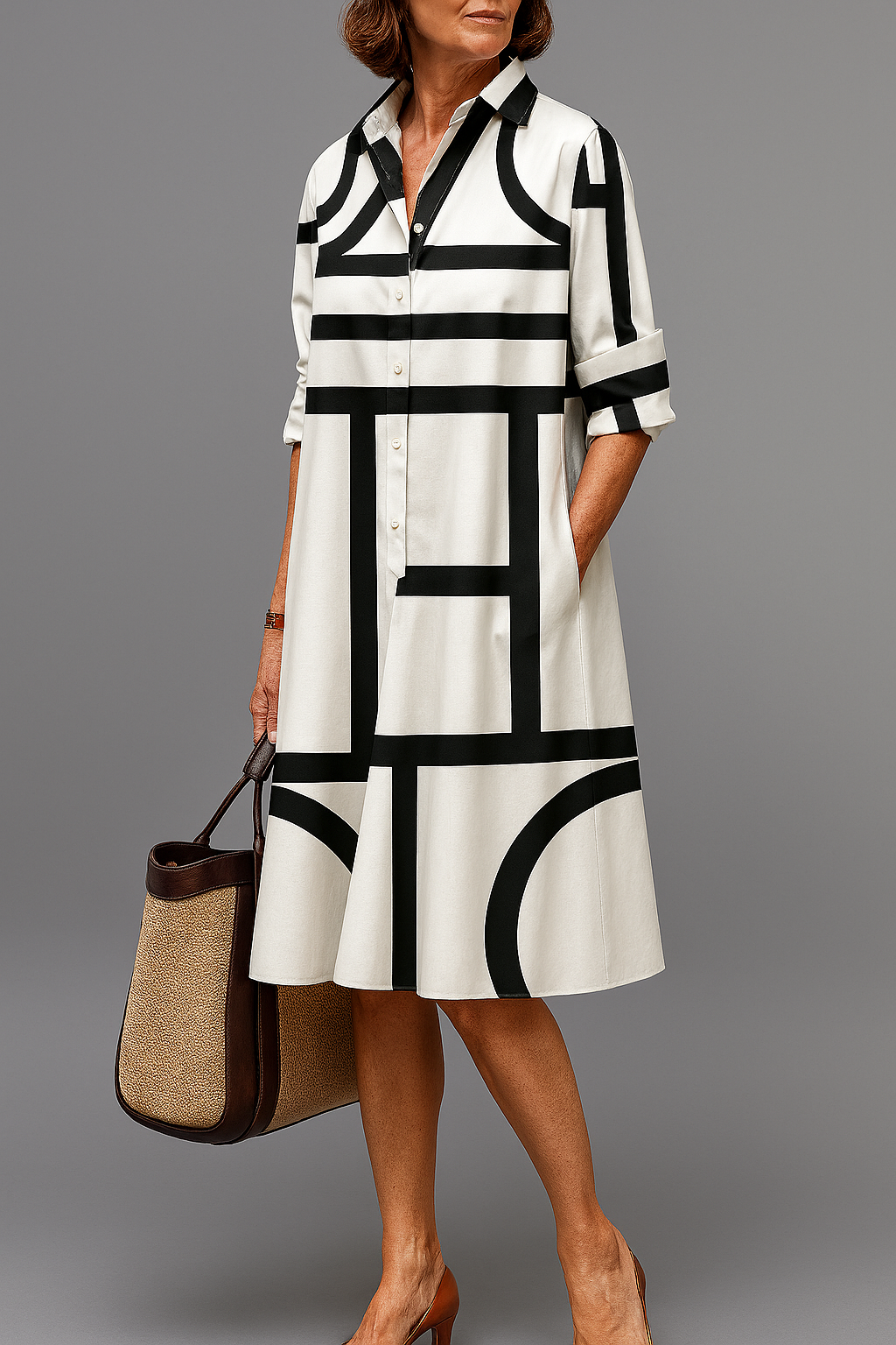 Theodora | Modern Pattern Collar Midi Dress — White Black — Alfa Empire, view 1