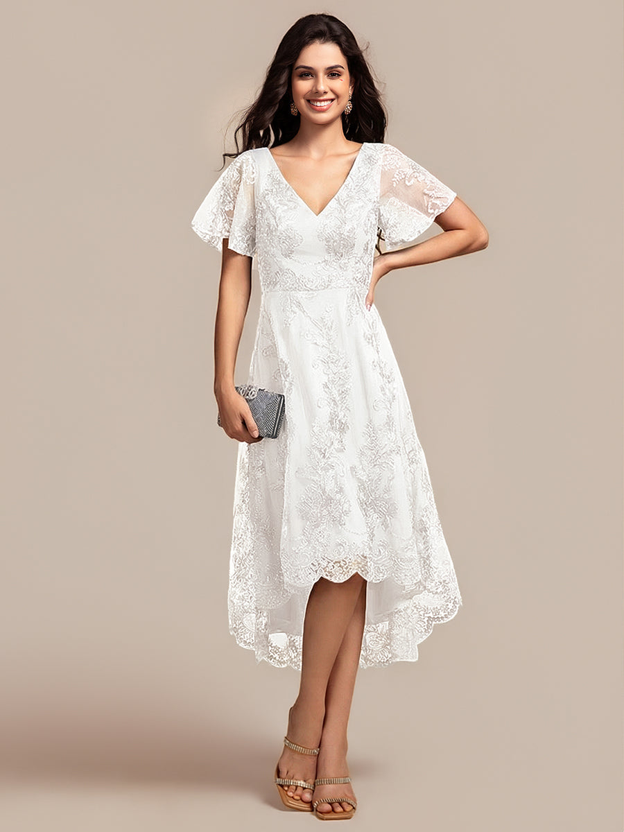 Embroidered Mesh Double V-Neck Short Sleeve Midi Wedding Guest Dress — White
