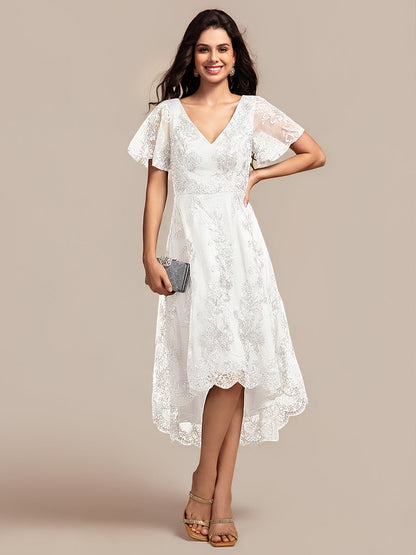 Embroidered Mesh Double V-Neck Short Sleeve Midi Wedding Guest Dress — White