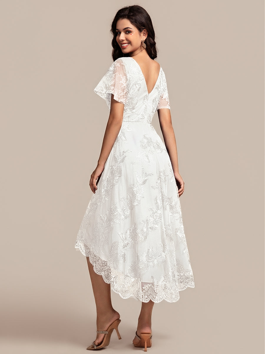 Embroidered Mesh Double V-Neck Short Sleeve Midi Wedding Guest Dress