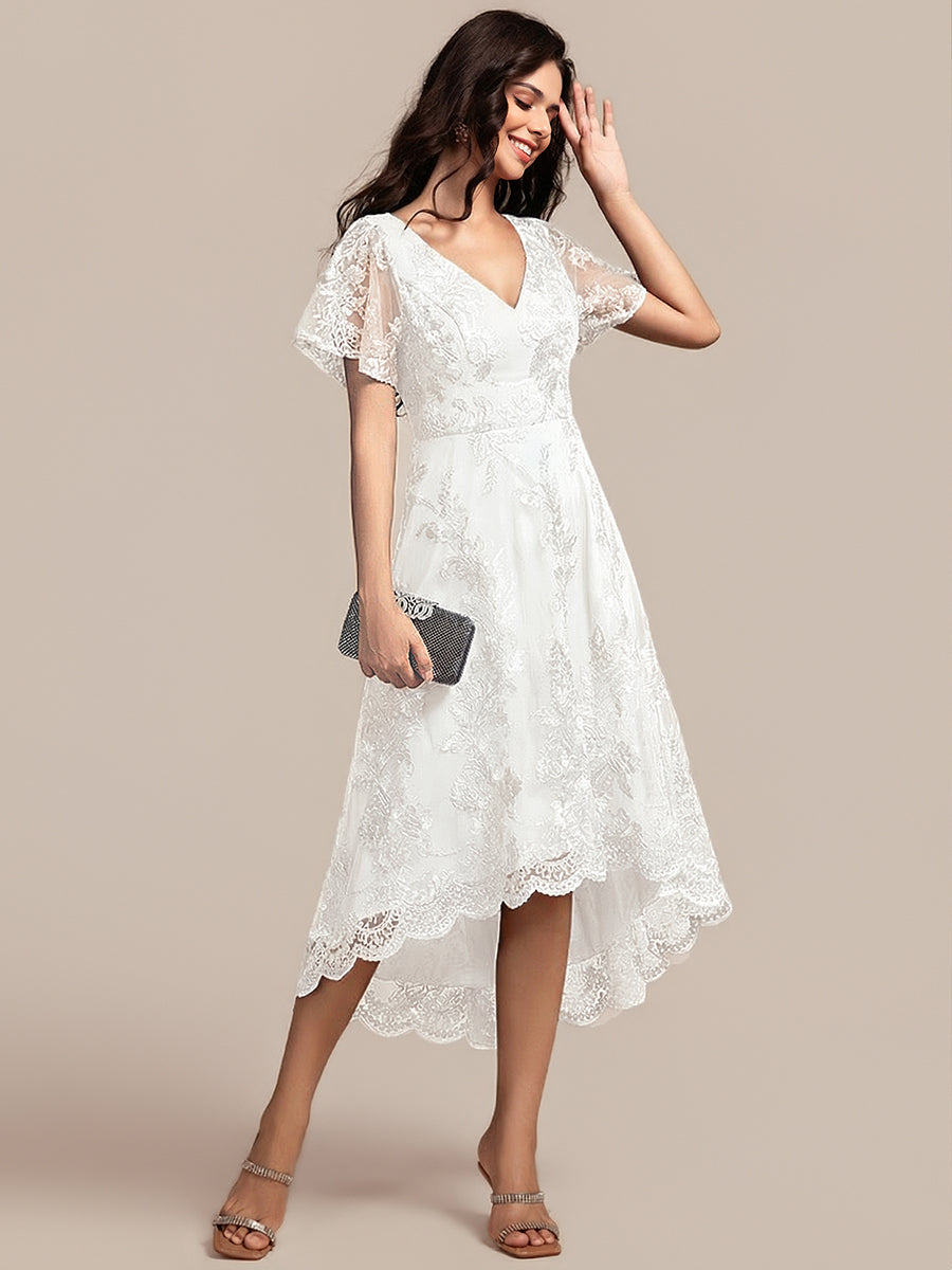 Embroidered Mesh Double V-Neck Short Sleeve Midi Wedding Guest Dress