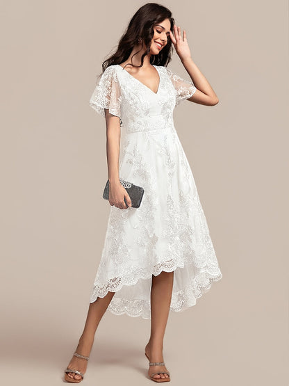 Embroidered Mesh Double V-Neck Short Sleeve Midi Wedding Guest Dress