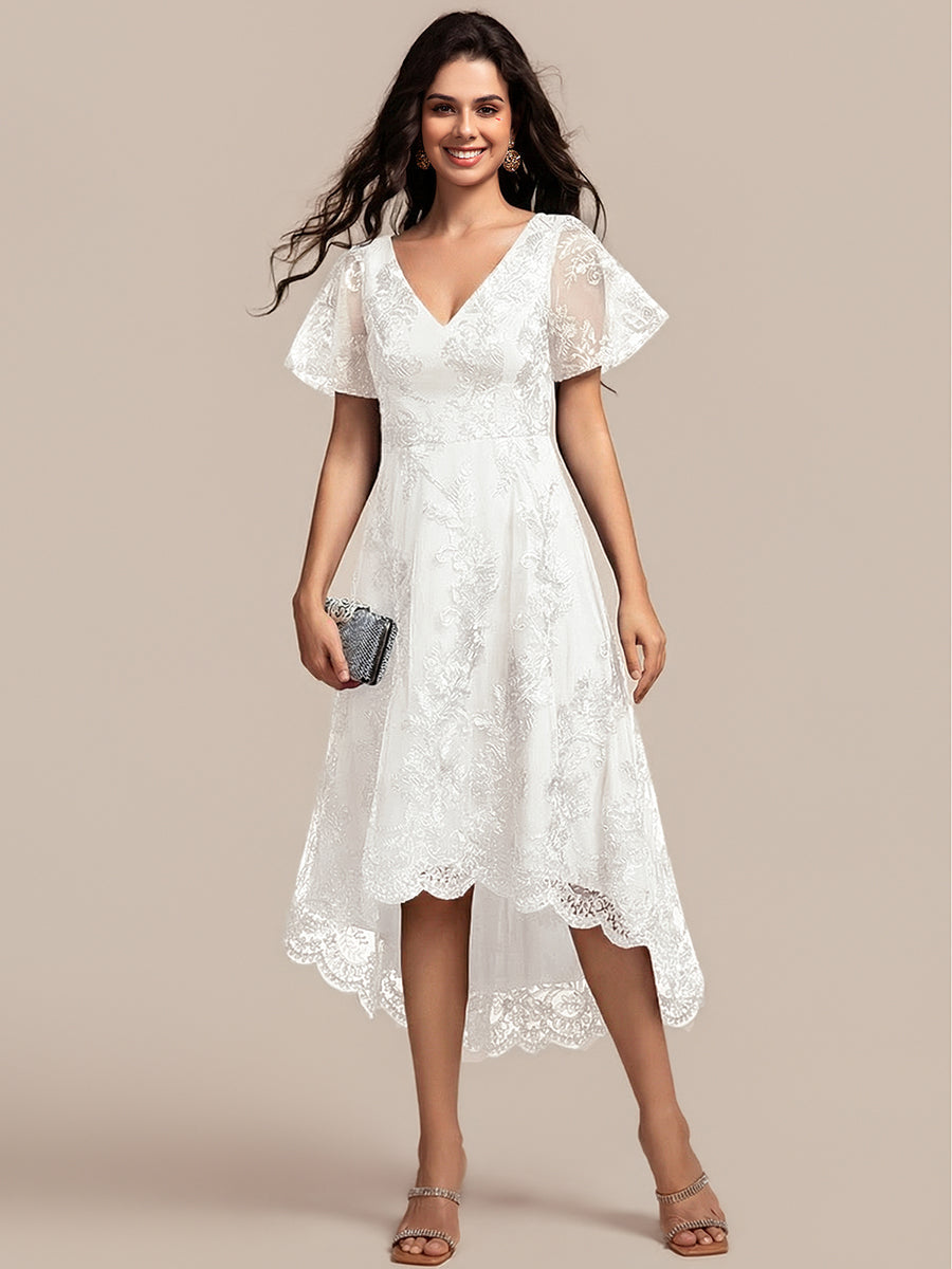 Embroidered Mesh Double V-Neck Short Sleeve Midi Wedding Guest Dress