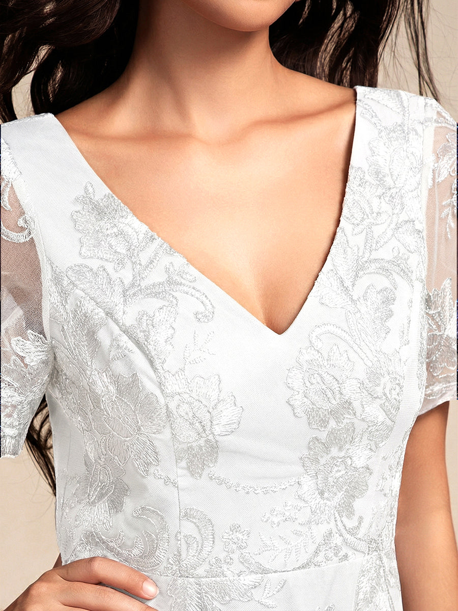 Embroidered Mesh Double V-Neck Short Sleeve Midi Wedding Guest Dress