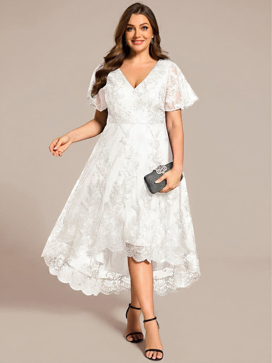 Embroidered Mesh Double V-Neck Short Sleeve Midi Wedding Guest Dress