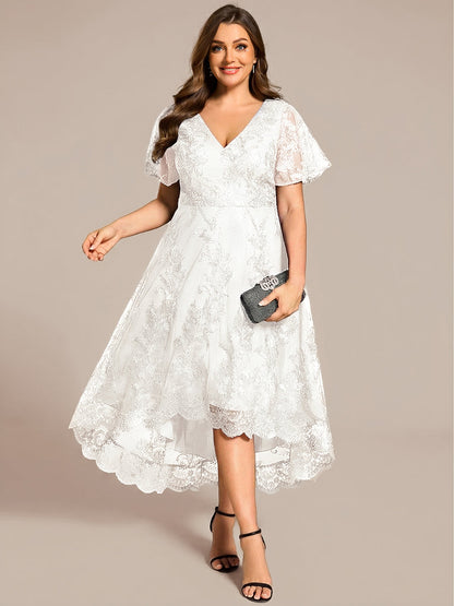 Embroidered Mesh Double V-Neck Short Sleeve Midi Wedding Guest Dress