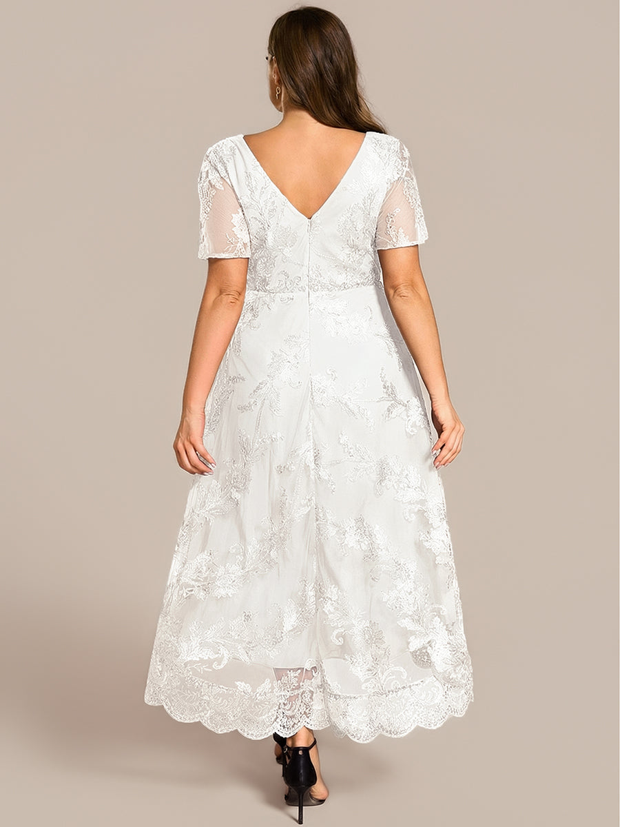 Embroidered Mesh Double V-Neck Short Sleeve Midi Wedding Guest Dress