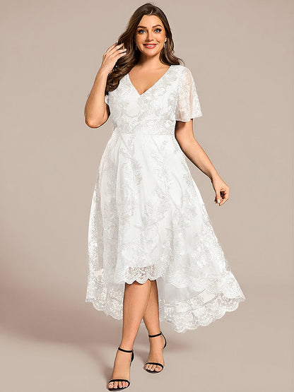 Embroidered Mesh Double V-Neck Short Sleeve Midi Wedding Guest Dress