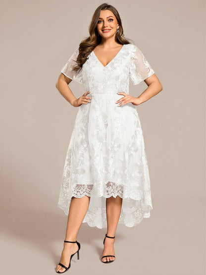 Embroidered Mesh Double V-Neck Short Sleeve Midi Wedding Guest Dress